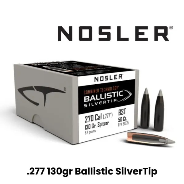 Nosler 270 Cal (.277″) 130gr SP Combined Technology Ballistic Silver Tip - 50ct