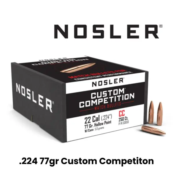 Nosler 22 Cal (.224″) 77gr HPBT Custom Competition w/ Cannelure - 250ct