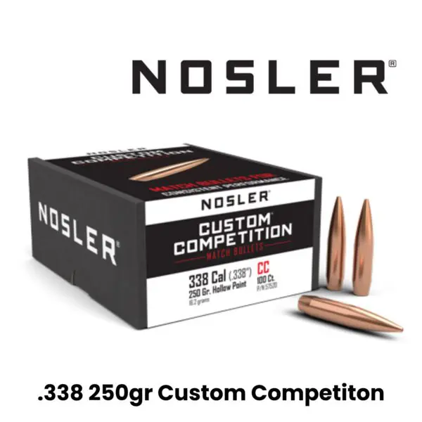 Nosler 338 Cal (.338″) 250gr HPBT Custom Competition - 100ct